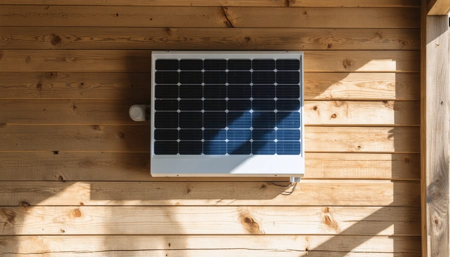 Solar-powered ventilation fan mounted on barn exterior with connected solar panel