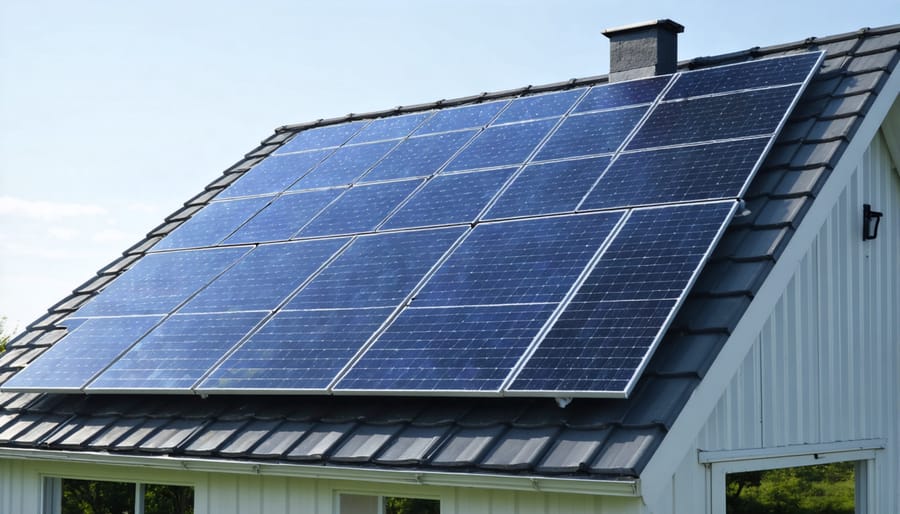 Two-story shed featuring solar panels and rainwater harvesting system