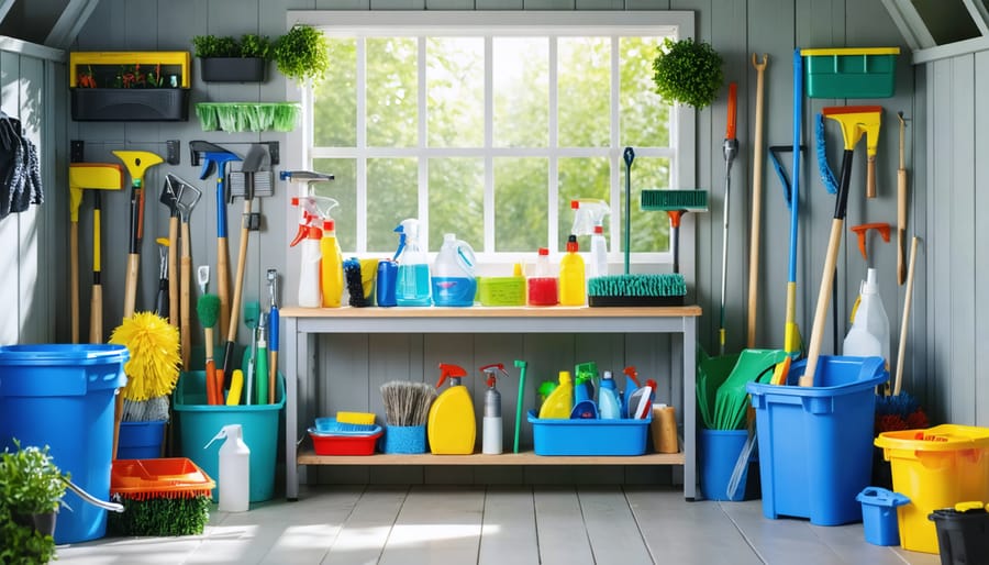 An inside view of a spotless storage shed featuring an organized collection of essential cleaning supplies in a dedicated caddy, emphasizing the importance of regular maintenance for a clean and protected space.