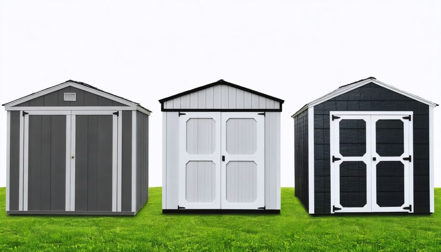 Side-by-side comparison of metal, vinyl, and resin outdoor storage units showing distinct material characteristics
