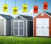 Conceptual illustration of diverse storage sheds with highlighted commission potentials for affiliates.