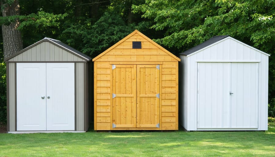 Side-by-side comparison of metal, wooden, and vinyl storage sheds showing different styles and materials