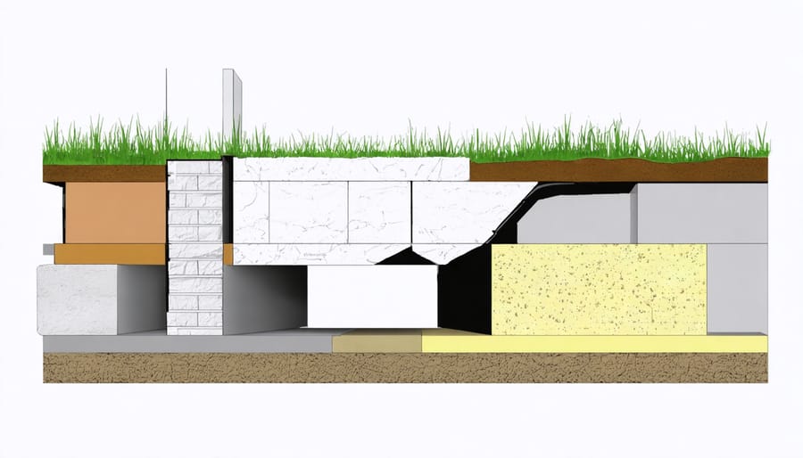 Technical illustration of structural components in a converted shed home including foundation reinforcement and support systems