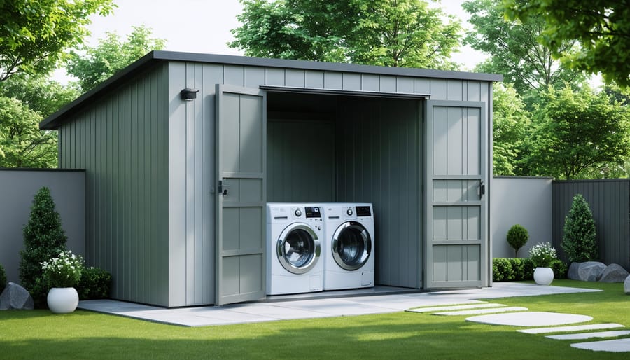 Modern outdoor laundry shed with front-loading washer and dryer, surrounded by a paved pathway, plants, and a well-manicured lawn.