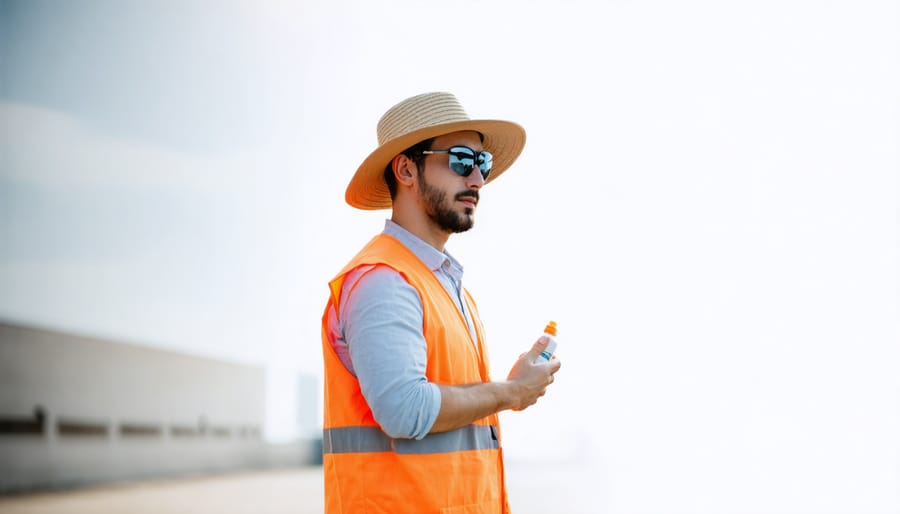 Outdoor worker demonstrating proper sun protection safety gear and practices