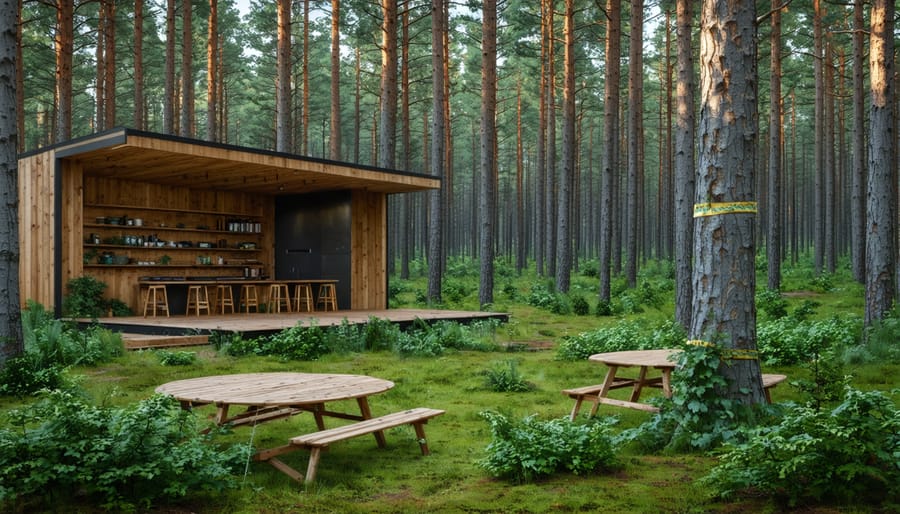 A tranquil outdoor workspace set within a forest, showcasing responsible forestry practices with marked trees for selective harvesting. The image highlights a balance between human structures and natural scenery.