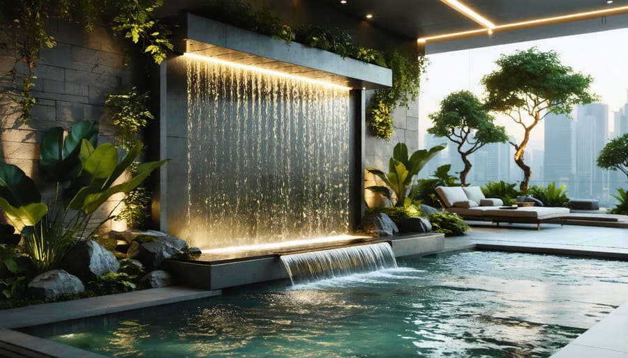 A tranquil urban terrace with a cascading wall fountain, lush greenery, and ambient LED lighting creating a peaceful atmosphere as the sun sets.