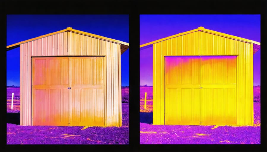 Split thermal image showing heat loss in uninsulated tin shed compared to insulated shed