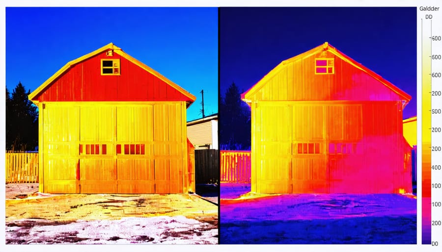 Thermal imaging comparison of a shed with and without ceramic thermal barrier coating