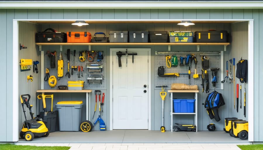 Interior of a professionally finished storage shed showcasing custom shelving, labeled organization zones, wall-mounted storage systems, and polished interiors for an organized and versatile workspace.