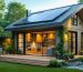 A modern two-story shed with large windows and skylights, showcasing an eco-friendly design with solar panels and surrounded by lush garden landscaping.
