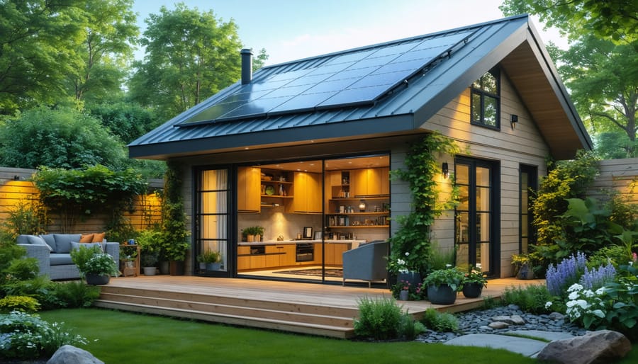 A modern two-story shed with large windows and skylights, showcasing an eco-friendly design with solar panels and surrounded by lush garden landscaping.