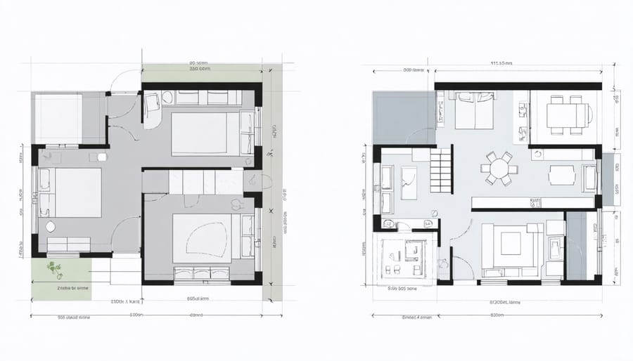 3D floor plan showing layout of first and second floors in converted shed home with furniture placement