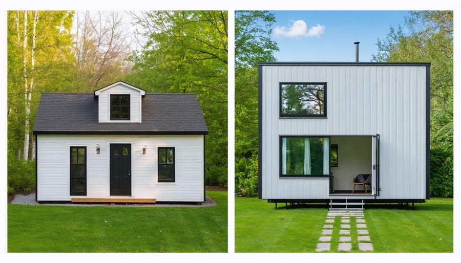Side-by-side comparison of a traditional two-story shed before conversion and its transformation into a cozy modern tiny home.