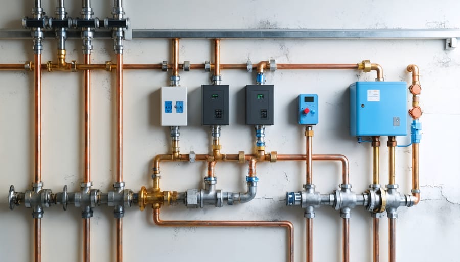 Installation of plumbing pipes and electrical wiring in walls of converted shed home