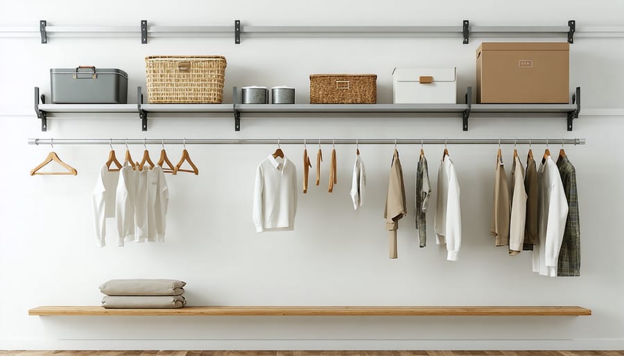Well-organized storage shed interior with vertical storage solutions and ceiling racks