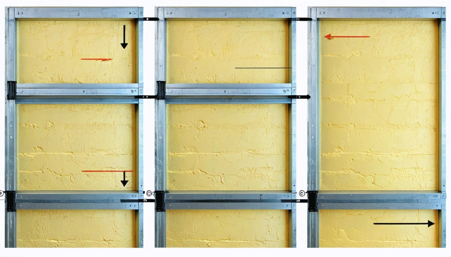 Person installing insulation panels on metal shed wall with visible steps