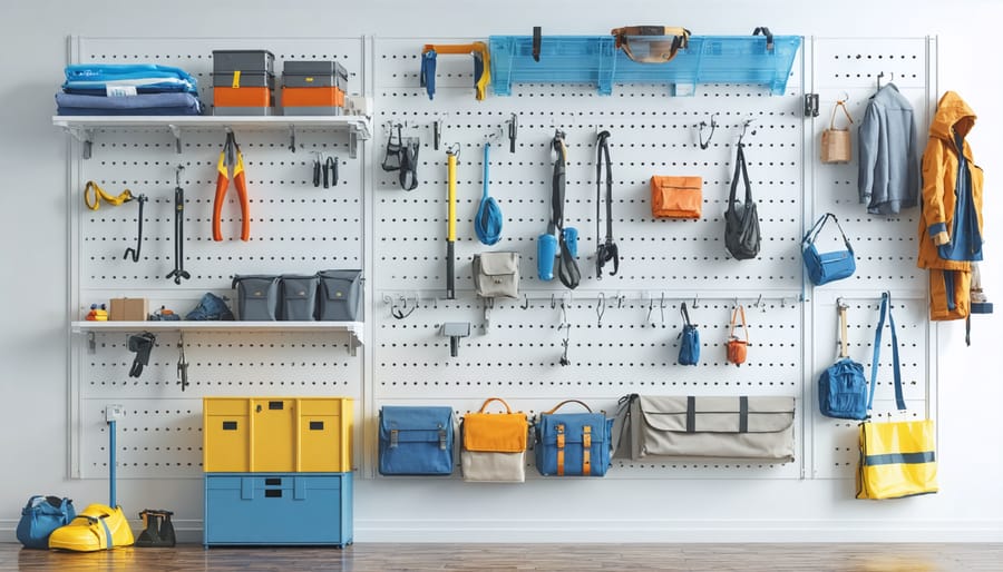 Wall storage system mounted on finished shed walls with multiple organization accessories