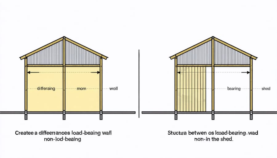 Illustrated comparison of load-bearing vs non-load-bearing wall construction showing weight distribution and structural components