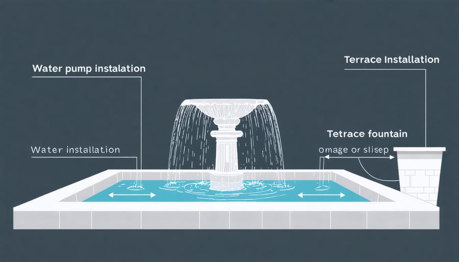 Technical illustration of water feature plumbing and electrical components
