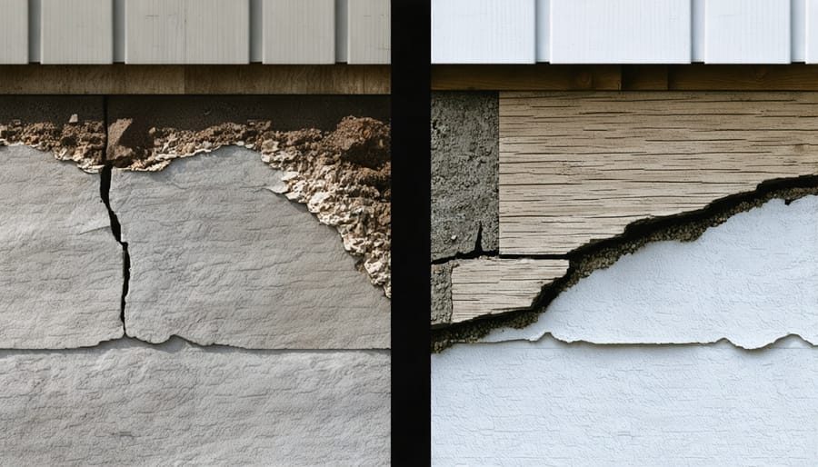 Comparison showing a protected waterproof foundation next to a damaged foundation with visible water damage and mold