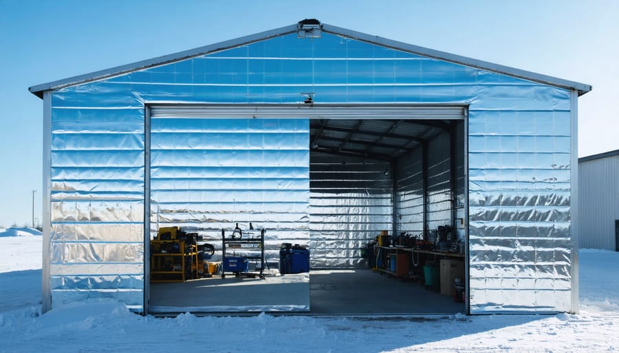 An outdoor workshop wrapped in reflective insulation, demonstrating protection from extreme weather; tools and equipment are visible inside, showcasing a well-maintained workspace.