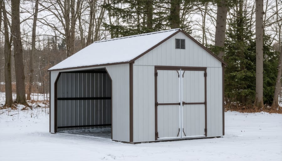 ShelterLogic portable garage with proper winter reinforcement and snow management features