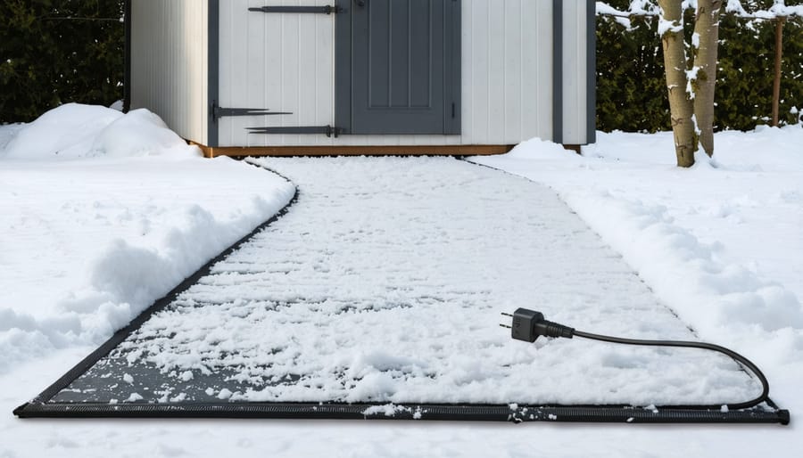 "A portable snow melting mat in use, effectively clearing snow and ice from a pathway leading to a shed, demonstrating safe and convenient winter maintenance."