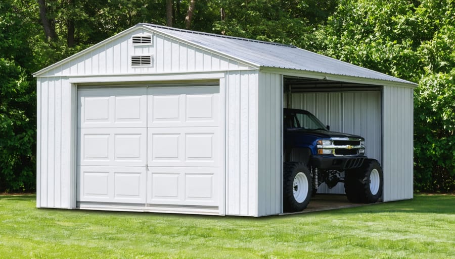 Large Duramax Woodbridge Plus shed with double doors showing car and lawn equipment storage