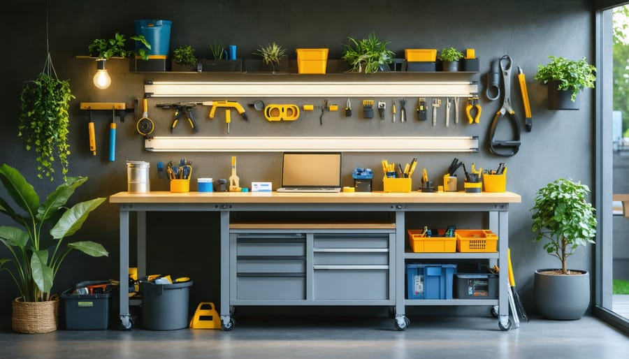Workshop workbench illuminated by LED strip lights mounted under cabinets
