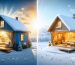 An illustration of a shed in dual seasonal settings: summer with sunlight reflecting off its surface and winter showcasing warmth retention, representing the effect of ceramic thermal barrier coating.