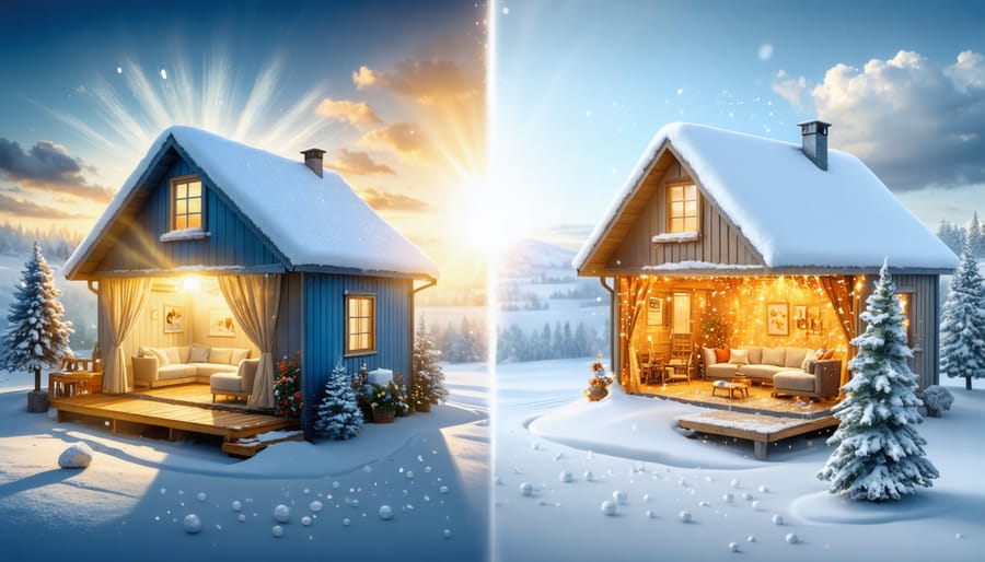 An illustration of a shed in dual seasonal settings: summer with sunlight reflecting off its surface and winter showcasing warmth retention, representing the effect of ceramic thermal barrier coating.