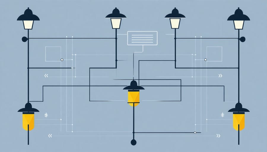 Diagram showing how Z-Wave outdoor lights create a wireless mesh network around a home