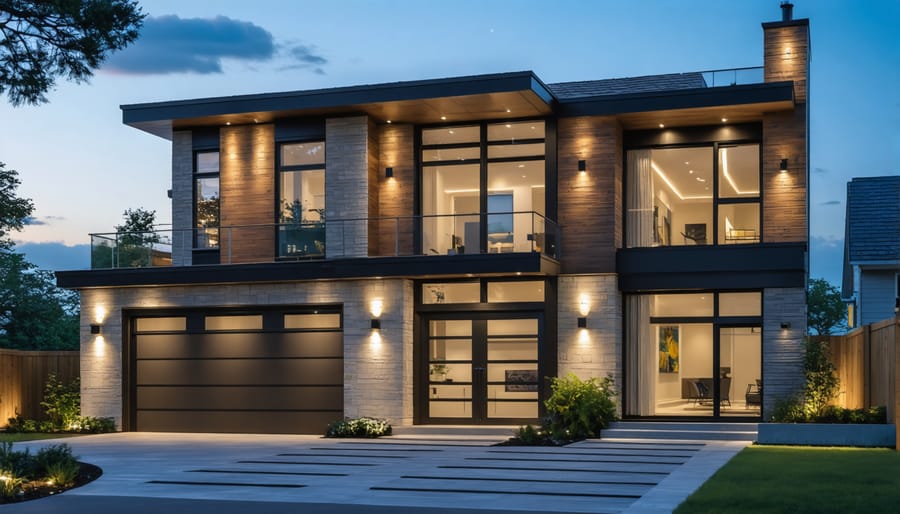 Smart home exterior with integrated Z-Wave floodlights, pathway lights, and porch lighting