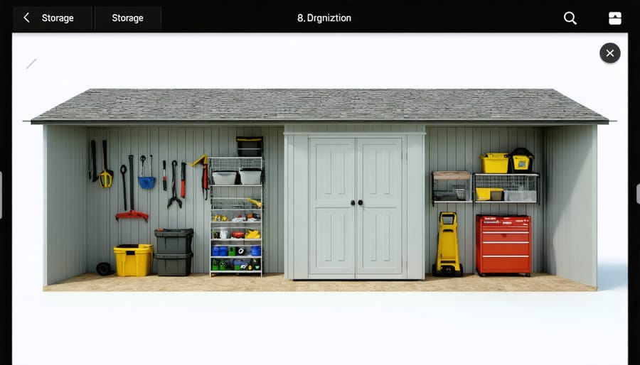 3D visualization software displaying an interactive 8x12 shed layout with customizable storage options