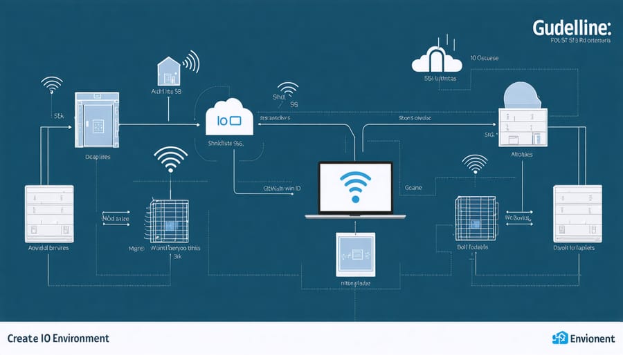 Visual representation of 5G connectivity linking smart devices within a storage shed