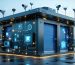 A modern storage shed equipped with IoT devices and illuminated by glowing lines representing 5G network connectivity, illustrating the concept of a technologically advanced smart hub.