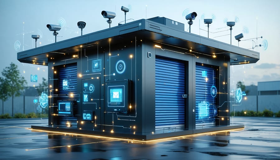 A modern storage shed equipped with IoT devices and illuminated by glowing lines representing 5G network connectivity, illustrating the concept of a technologically advanced smart hub.