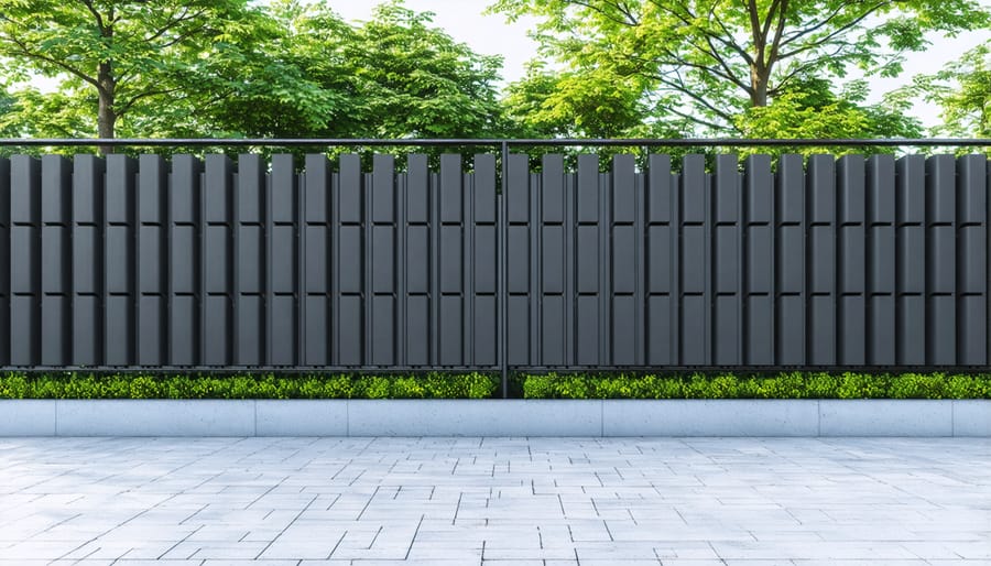 Contemporary outdoor acoustic barrier featuring textured panels and climbing plants