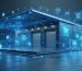 A futuristic storage shed featuring digital interfaces and glowing lines representing AI energy management, including smart lighting and climate control.