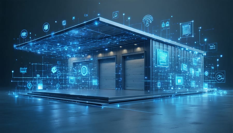 A futuristic storage shed featuring digital interfaces and glowing lines representing AI energy management, including smart lighting and climate control.