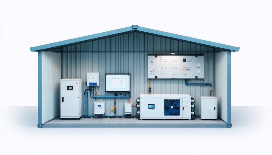 Labeled diagram showing placement of sensors, controllers, and other AI system components in a storage shed