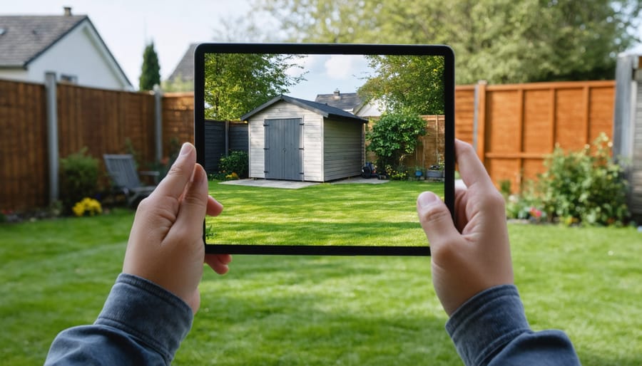 A homeowner using a tablet with augmented reality features to visualize a 3D shed overlay in their backyard, demonstrating the interactive potential of AR technology for designing storage solutions.