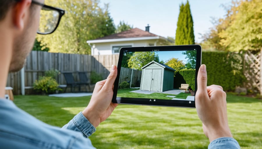 Homeowner using augmented reality app to visualize a storage shed in their yard