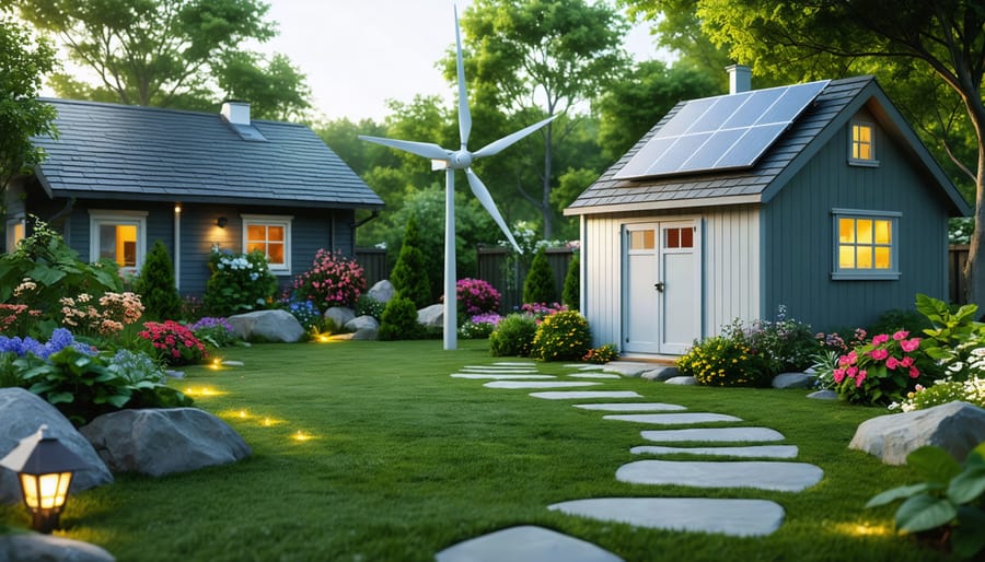 A backyard scene featuring a solar-powered shed with roof-mounted panels, LED-lit garden path, and a small wind turbine, depicting sustainable energy use in an outdoor space.