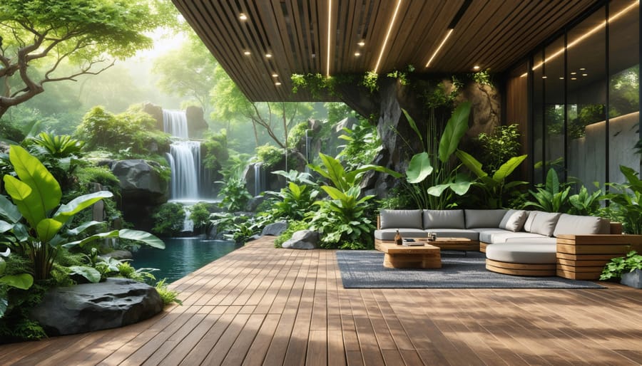 A beautifully designed outdoor workspace featuring a wooden deck, ergonomic seating, and a variety of plants and water features, illustrating the concept of biophilic design and natural productivity enhancement.