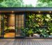 A garden shed designed with biophilic principles, featuring large windows and skylights that flood the interior with natural light. The shed's exterior is adorned with a living wall of climbing plants, surrounded by natural materials like reclaimed wood and stone, illustrating the harmonious integration of nature.