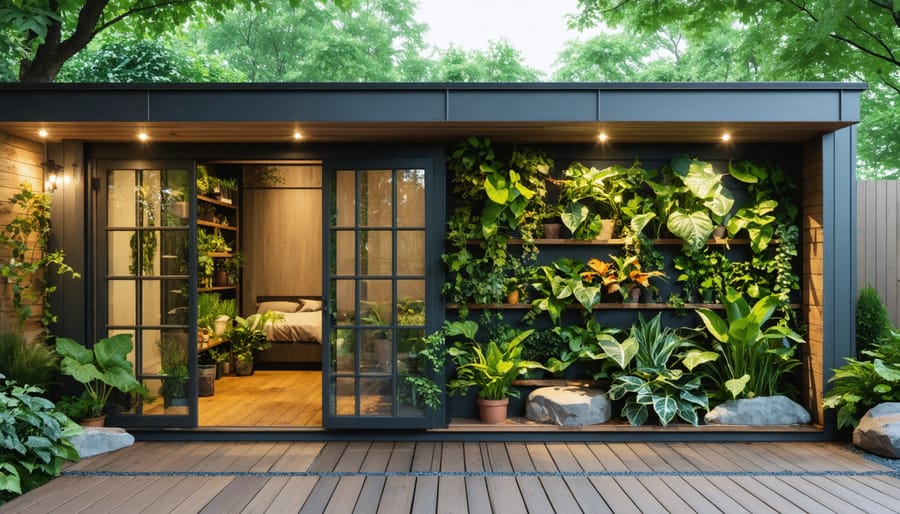 A garden shed designed with biophilic principles, featuring large windows and skylights that flood the interior with natural light. The shed's exterior is adorned with a living wall of climbing plants, surrounded by natural materials like reclaimed wood and stone, illustrating the harmonious integration of nature.