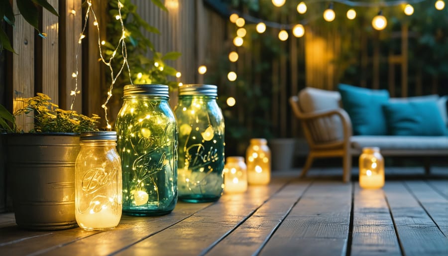 Atmospheric evening patio setting with DIY mason jar lights and string lighting