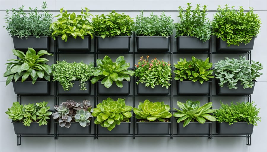 Homemade vertical garden grid featuring recycled containers and wire mesh mounted on a wall